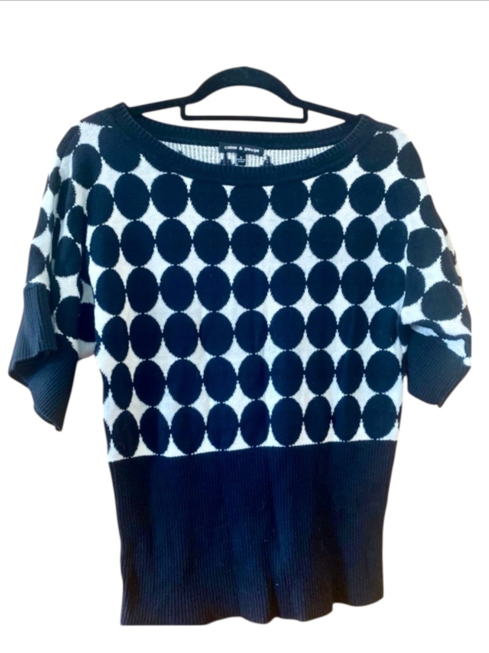 Cable & Gauge Polka Dot Sweater Top Black White Retro Mod Small